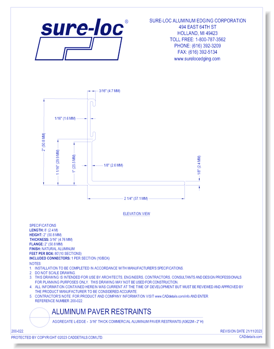 Aggregate L-Edge -  3/16” Thick Commercial Aluminum Paver Restraints (A3622M - 2" H)