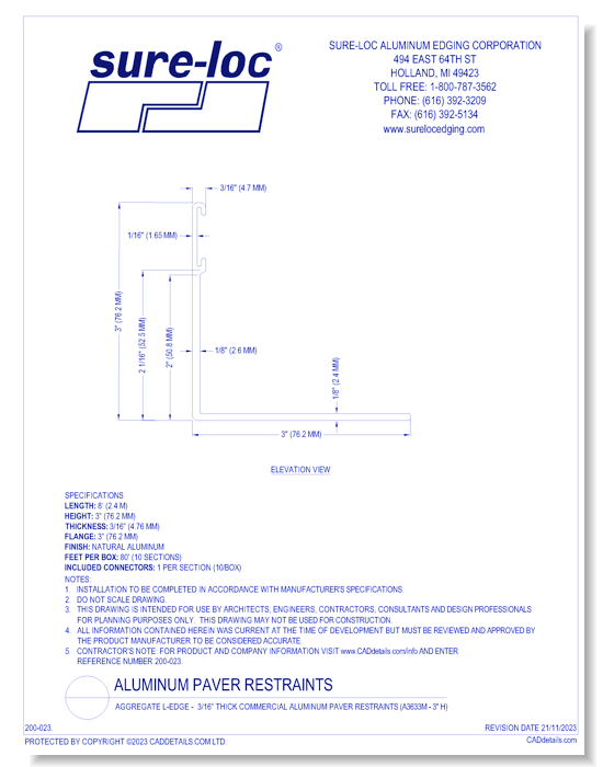 Aggregate L-Edge -  3/16” Thick Commercial Aluminum Paver Restraints (A3633M - 3" H)
