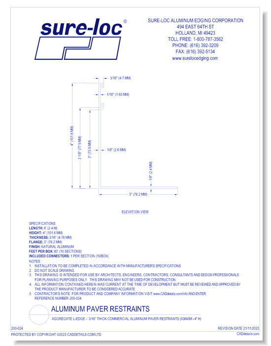 Aggregate L-Edge -  3/16” Thick Commercial Aluminum Paver Restraints (A3643M - 4" H)
