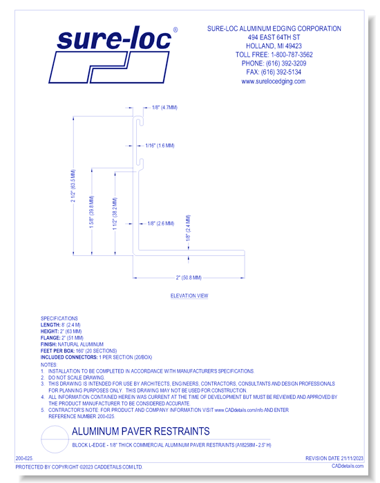 Block L-Edge - 1/8” Thick Commercial Aluminum Paver Restraints (A18258M - 2.5” H)