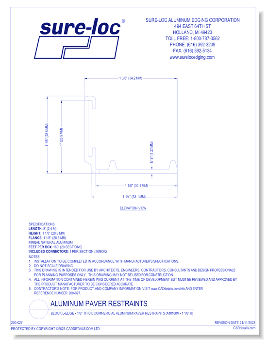 Block L-Edge - 1/8” Thick Commercial Aluminum Paver Restraints (A18188M - 1 1/8” H) 