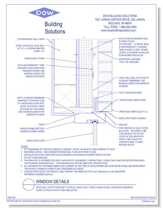 Stud Wall with STYROFOAM™ Ultra SL Insulation - Window Head In-Wall Fire Block and Brick - Flash to Face of Rigid Foam Insulation (C0123)