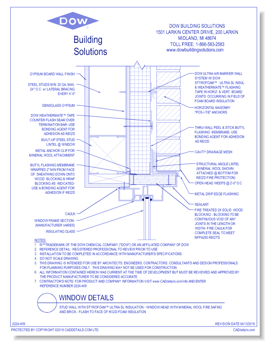 Stud Wall with STYROFOAM™ Ultra SL Insulation - Window Head with Mineral Wool Fire Safing and Brick - Flash to Face of Rigid Foam Insulation (C0124)