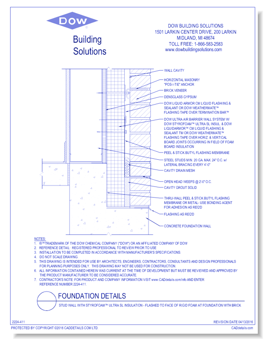 Stud Wall with STYROFOAM™ Ultra SL Insulation - Flashed to Face of Rigid Foam at Foundation with Brick (C0115)