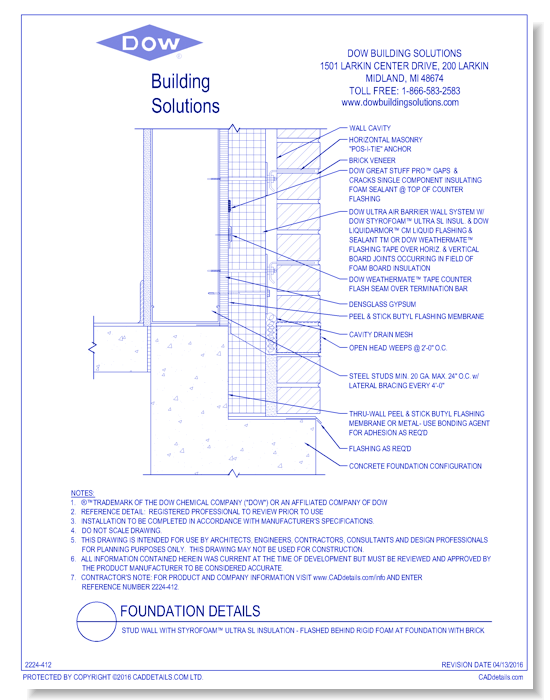 Stud Wall with STYROFOAM™ Ultra SL Insulation - Flashed Behind Rigid Foam at Foundation with Brick (C0116)