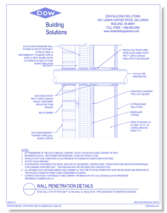 Stud Wall with STYROFOAM™ Ultra Wall SL Insulation - Pipe and Brick Tie Penetration Detail (C0117)
