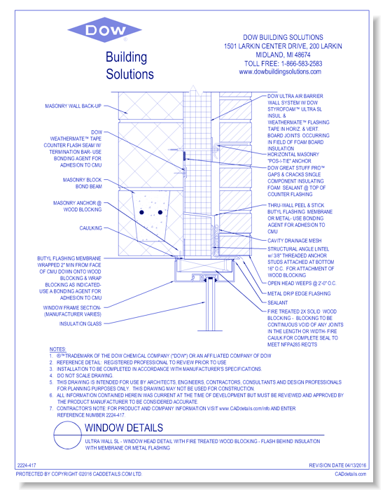 Ultra Wall SL - Window Head Detail with Fire Treated Wood Blocking - Flash Behind Insulation with Membrane or Metal Flashing (C0108)
