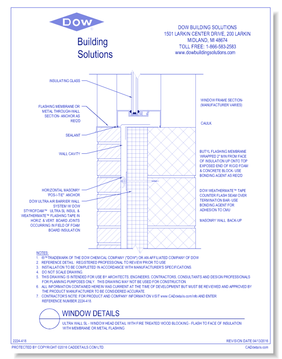 Ultra Wall SL - Window Head Detail with Fire Treated Wood Blocking - Flash to Face of Insulation with Membrane or Metal Flashing (C0109)