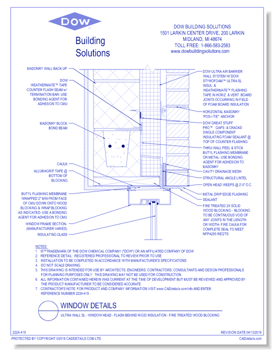 Ultra Wall SL - Window Head - Flash Behind Rigid Insulation - Fire Treated Wood Blocking (C0110)