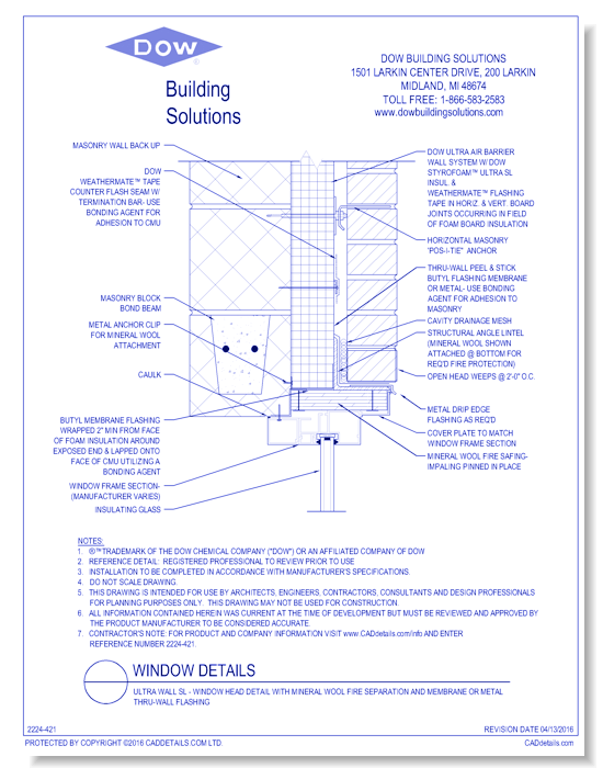 Ultra Wall SL - Window Head Detail with Mineral Wool Fire Separation and Membrane or Metal Thru-wall Flashing (C0112)