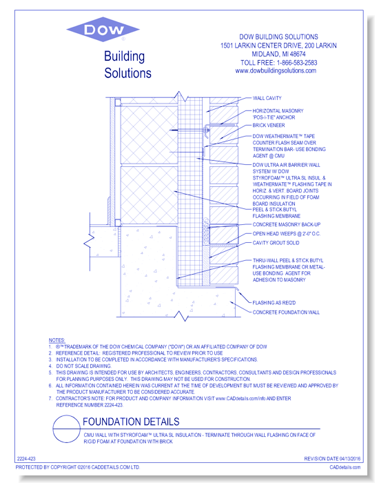 CMU Wall with STYROFOAM™ Ultra SL Insulation - Terminate Through Wall Flashing on Face of Rigid Foam at Foundation with Brick (C0103)
