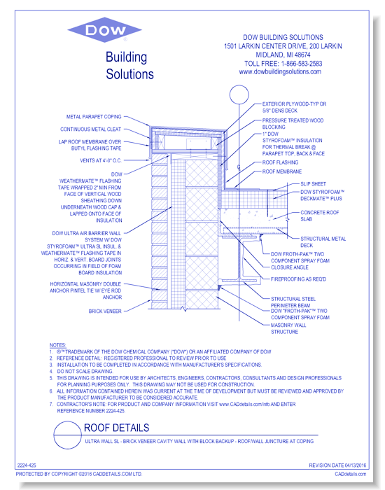 Ultra Wall SL - Brick Veneer Cavity Wall with Block Backup - Roof/Wall Juncture at Coping (C0106)