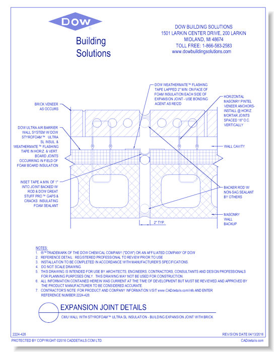 CMU Wall with STYROFOAM™ Ultra SL Insulation - Building Expansion Joint with Brick (C0102)