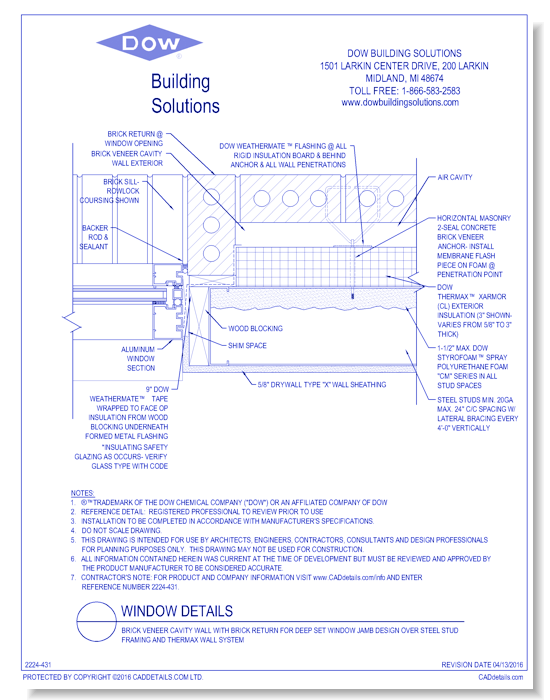 Brick Veneer Cavity Wall with Brick Return fo Deep Set Window Jamb Design over Steel Stud Framing and THERMAX Wall System (C0077)