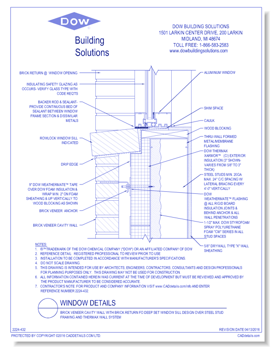 Brick Veneer Cavity Wall with Brick Return fo Deep Set Window Sill Design over Steel Stud Framing and THERMAX Wall System (C0078)
