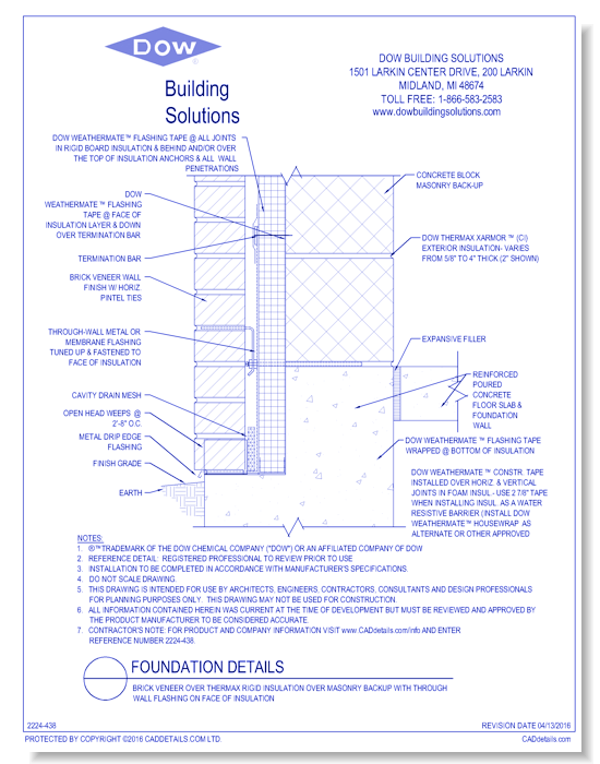 Brick Veneer over THERMAX Rigid Insulation over Masonry Backup with Through Wall Flashing on Face of Insulation (C0056)