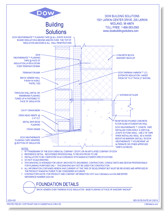 Brick Veneer over THERMAX Rigid Insulation - Base Flashing at Face of Masonry Backup (C0057)