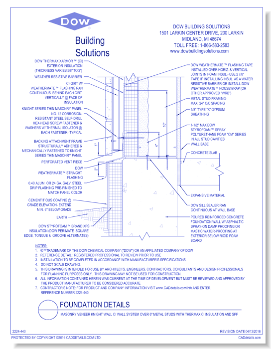 Masonry Veneer Knight Wall CI Wall System Over 6" Metal Studs with THERMAX CI Insulation and SPF (C0059)