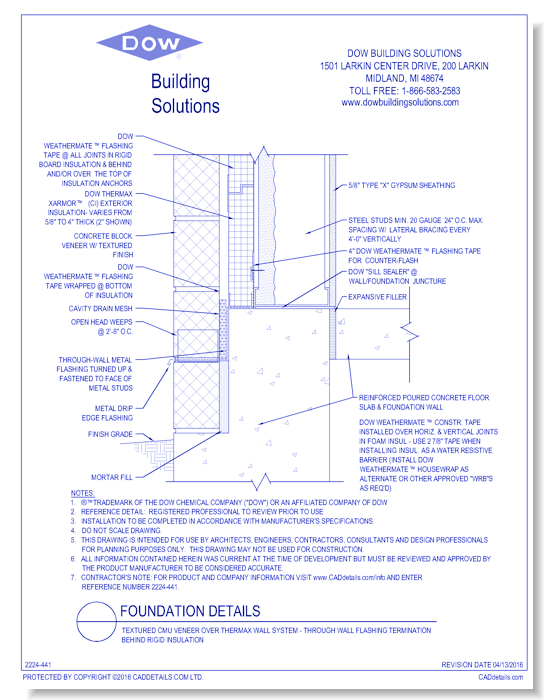 Textured CMU Veneer over THERMAX Wall System - Through Wall Flashing Termination Behind Rigid Insulation (C0084)