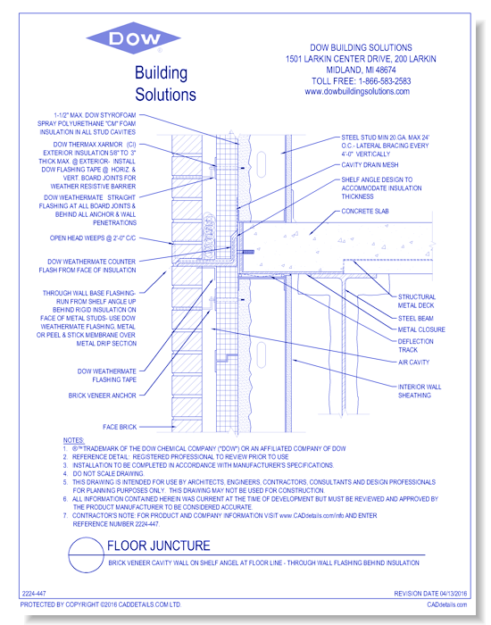Brick Veneer Cavity Wall on Shelf Angel at Floor Line - Through Wall Flashing Behind Insulation (C0086)