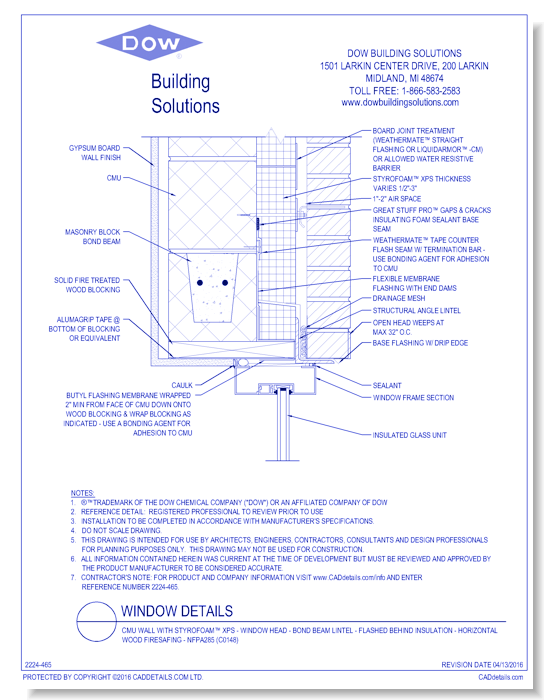 CMU Wall with STYROFOAM™ XPS - Window Head - Bond Beam Lintel - Flashed Behind Insulation - Horizontal Wood Firesafing - NFPA285 (C0148)