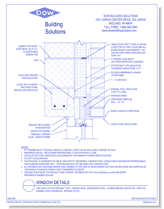 CMU Wall with STYROFOAM™ XPS - Window Head - Bond Beam Lintel - Flashed Behind Insulation - Vertical Mineral Wool Firesafing - NFPA285 (C0152)