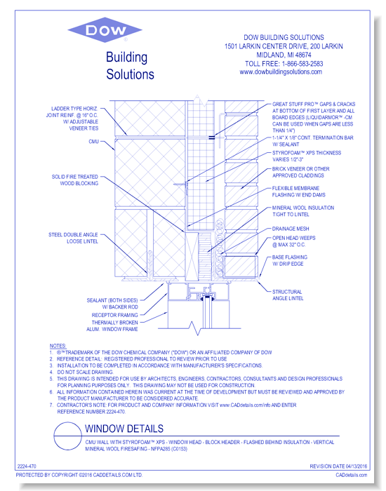 CMU Wall with STYROFOAM™ XPS - Window Head - Block Header - Flashed Behind Insulation - Vertical Mineral Wool Firesafing - NFPA285 (C0153)
