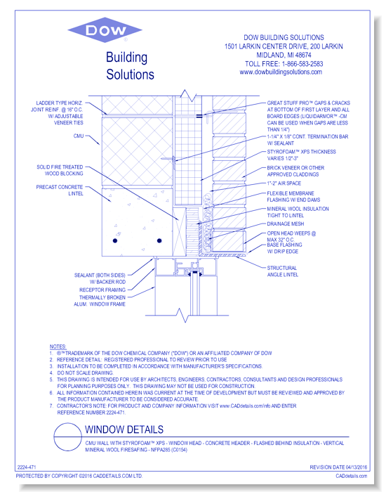 CMU Wall with STYROFOAM™ XPS - Window Head - Concrete Header - Flashed Behind Insulation - Vertical Mineral Wool Firesafing - NFPA285 (C0154)