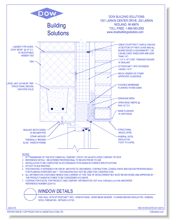 CMU Wall with STYROFOAM™ XPS - Window Head - Bond Beam Header - Flashed Behind Insulation - Mineral Wool Firesafing - NFPA285 (C0155)