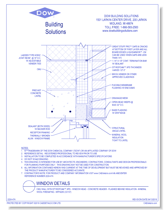 CMU Wall with STYROFOAM™ XPS - Window Head - Concrete Header - Flashed Behind Insulation - Mineral Wool Firesafing - NFPA285 (C0157)