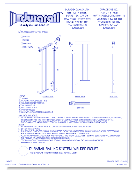 Welded Picket Detail - v2 End Post with Continuous Top Rail and Top Wall Mount