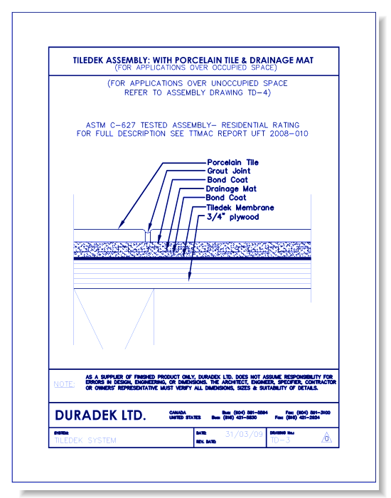 Tiledek Assembly Details: Assembly with Porcelain Tile& Drainage Mat – TD-3