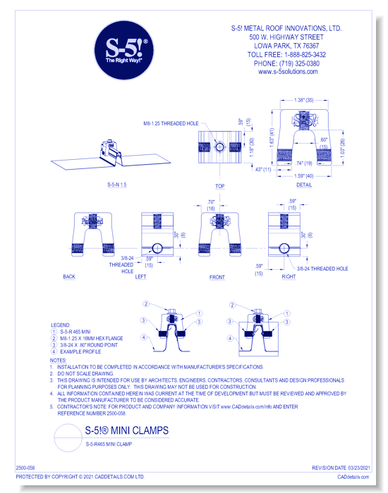 S-5-R465 Mini Clamp - S-5! Metal Roof Innovations, Ltd. - CADdetails