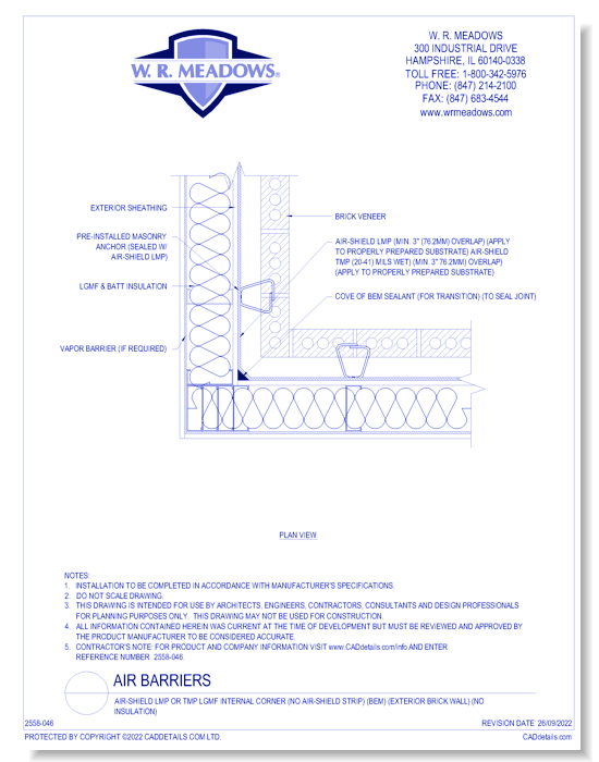 Air-Shield LMP Or TMP LGMF Internal Corner (No Air-shield Strip) (Bem) (Exterior Brick Wall) (No Insulation)