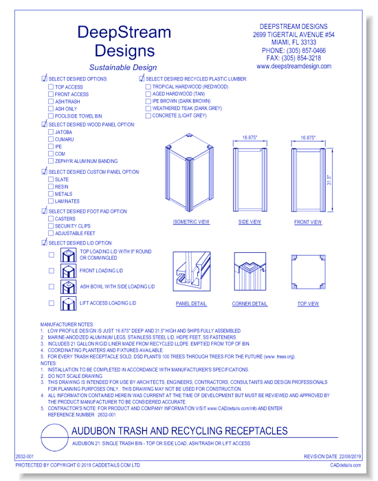 Audubon 21: Single Trash Bin - Top or Side Load, Ash/Trash or Lift Access