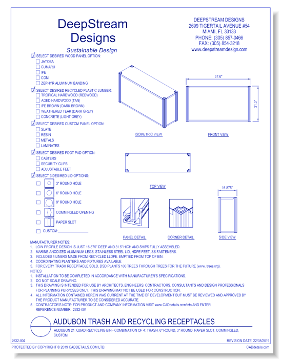 Audubon 21: Quad Recycling Bin - Combination of 4: Trash, 6" Round, 3" Round, Paper Slot, Commingled, Custom