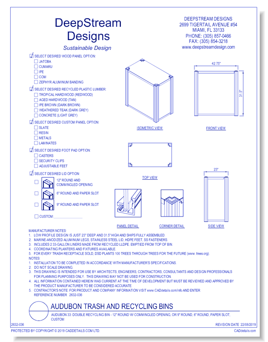 Audubon 33: Double Recycling Bin - 12" Round w/ Commingled Opening, or 9" Round, 6" Round, Paper Slot, Custom