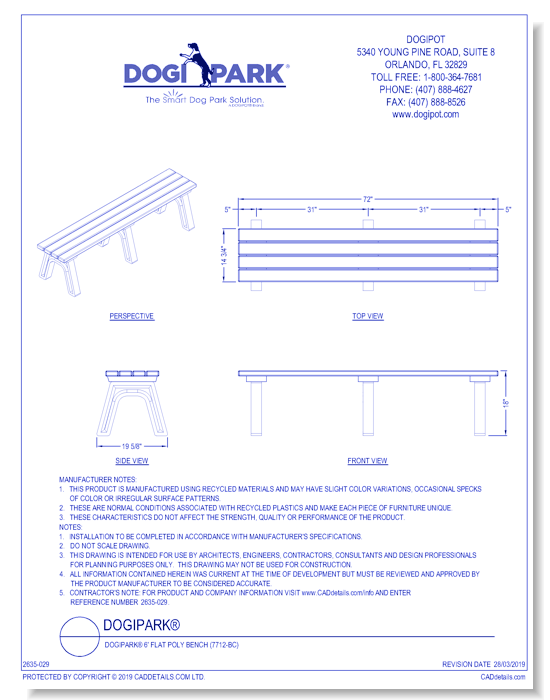 DOGIPARK® 6' Flat Poly Bench ( 7712-BC )