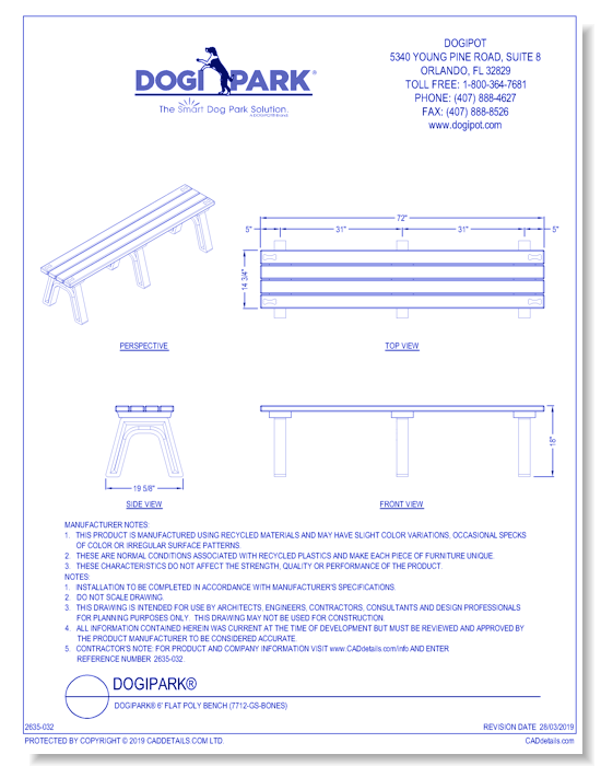DOGIPARK® 6' Flat Poly Bench ( 7712-GS-BONES )