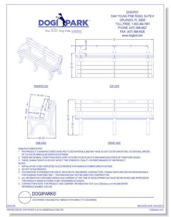 DOGIPARK® 6' Backed Poly Bench with Arms ( 7713-GS-BONES )
