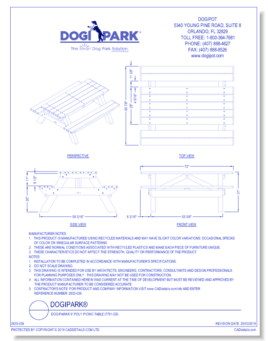 DOGIPARK® 6' Poly Picnic Table ( 7791-GS )