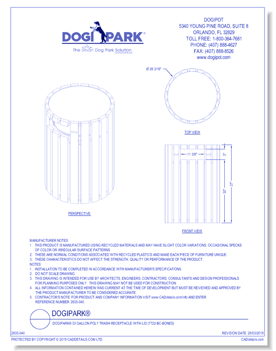 DOGIPARK® 33 Gallon Poly Trash Receptacle with Lid ( 7722-BC-BONES )