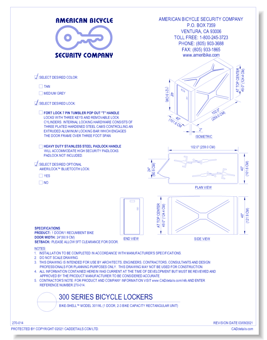 Bike-Shell™ Model 301WL (1 Door, 2-3 Bike Capacity Rectangular Unit)