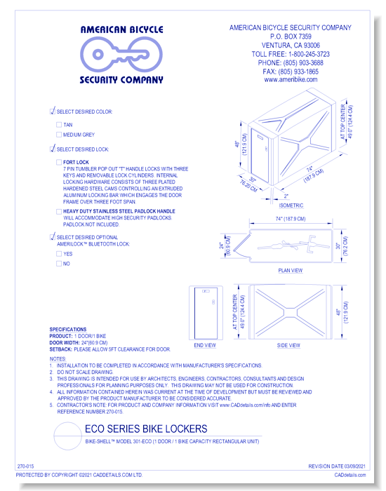 Bike-Shell™ Model 301-ECO (1 Door / 1 Bike Capacity Rectangular Unit)