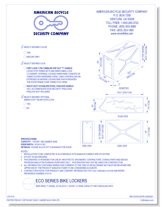 Bike-Shell™ Model 301WL-ECO (1 Door / 2-3 Bike Capacity Rectangular Unit)