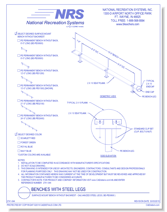 Surface Mount Bench Without Backrest - Galvanized Steel Legs ( BE-PE00600 )