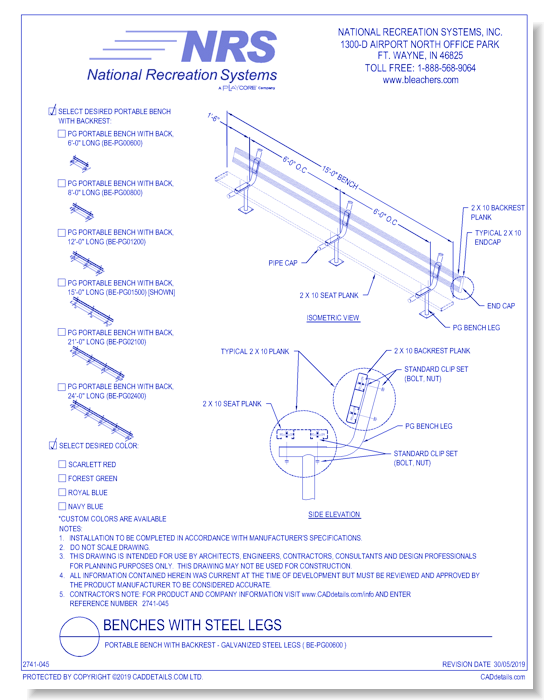 Portable Bench With Backrest - Galvanized Steel Legs ( BE-PG00600 )