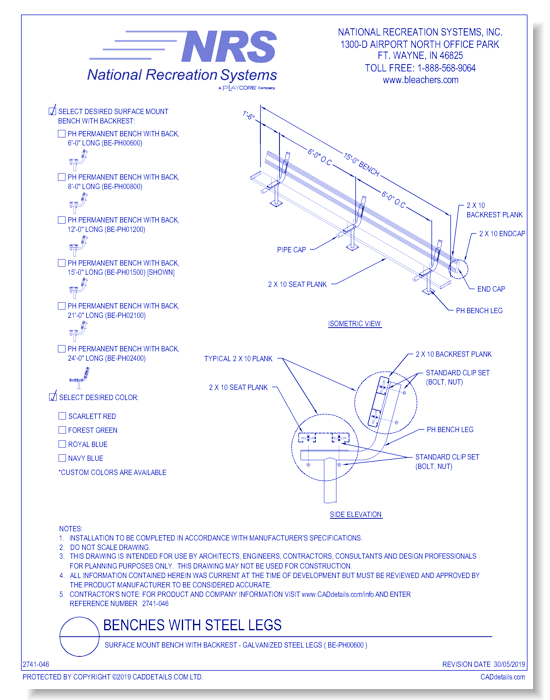 Surface Mount Bench With Backrest - Galvanized Steel Legs ( BE-PH00600 )