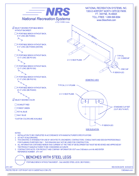 Portable Bench Without Backrest - Galvanized Steel Legs ( BE-PI00600 )