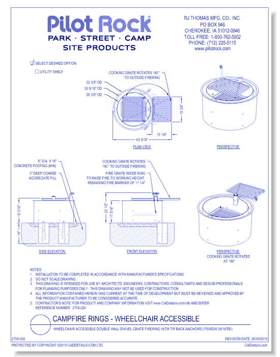 Campfire Rings: Wheelchair Accessible Double Wall Swivel Grate Firering ( FSWDW-30/18/TB )